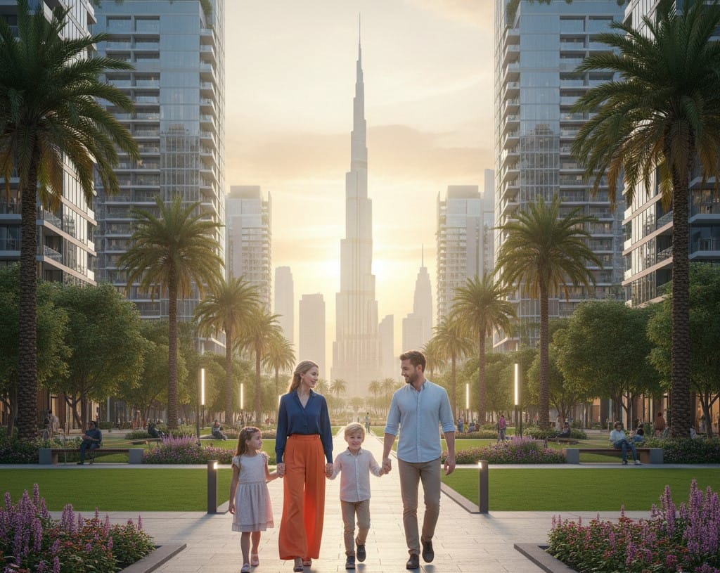 Family walking through a modern green residential community in Dubai with luxury architecture, highlighting the best Dubai areas for family living in 2026