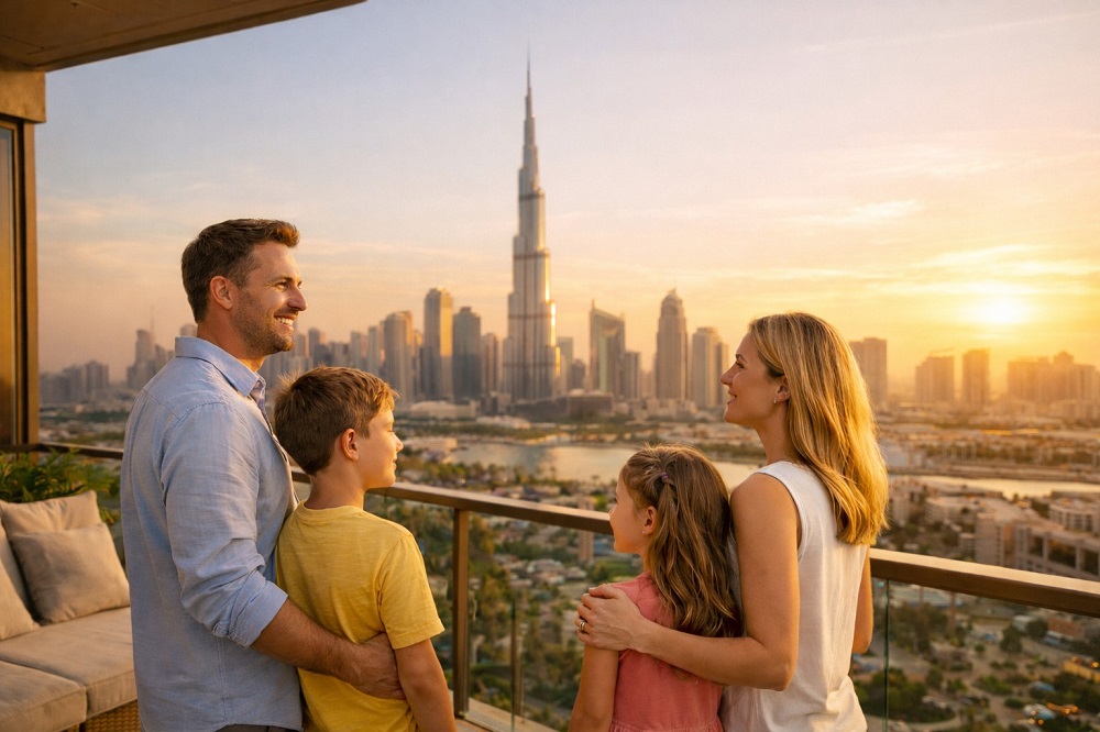 Expat family standing on a modern apartment balcony at sunset with the Dubai skyline in the background, symbolizing secure homeownership and financial planning in the Dubai Mortgage Guide 2026.