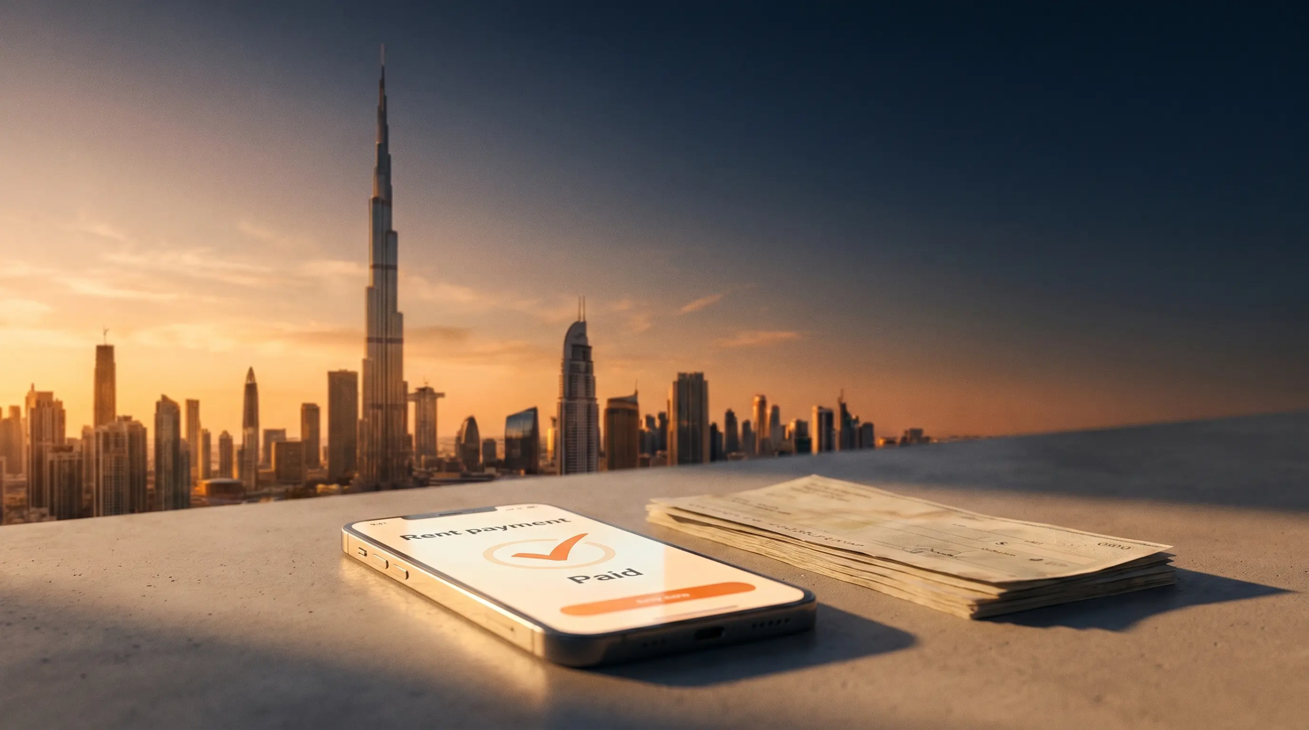 Dubai skyline with a digital payment card replacing rent cheques, signalling the 2026 shift to monthly rent payments