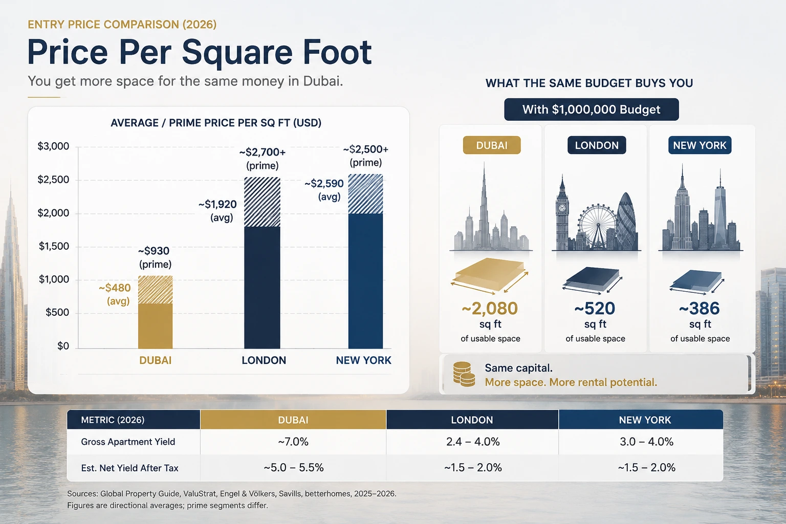 Dubai vs London vs New York: A 2026 Net-Return Analysis for Property Investors 2 Dubai property investment vs London and New York price per sq ft