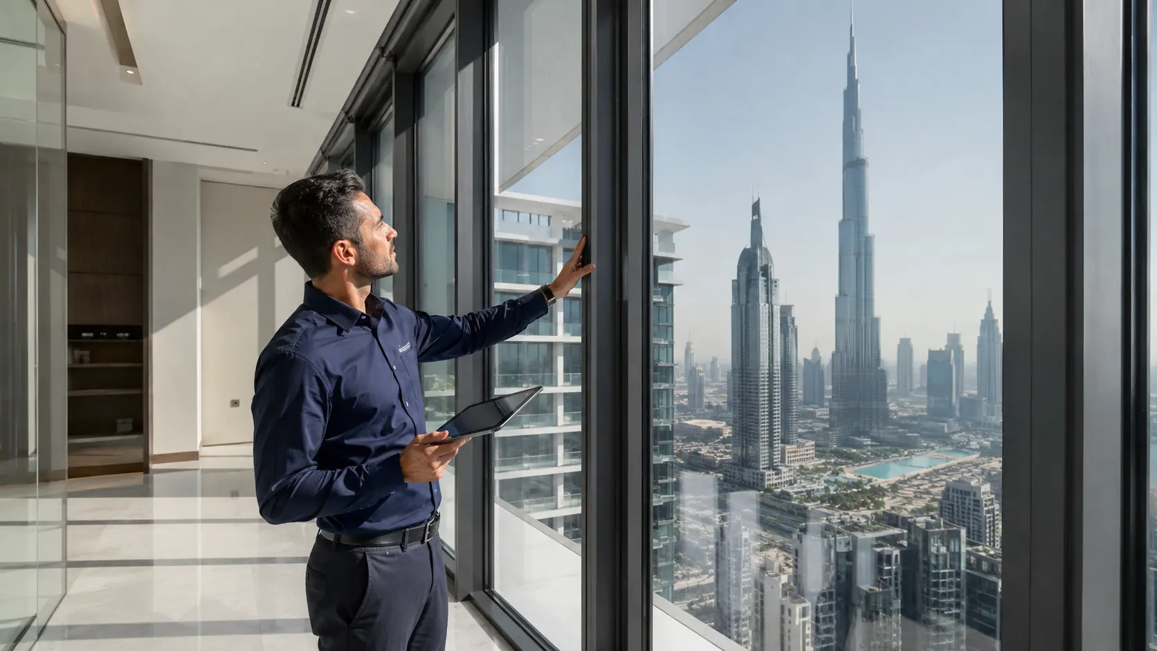 Professional snagging Dubai inspection in a luxury off-plan apartment with skyline view