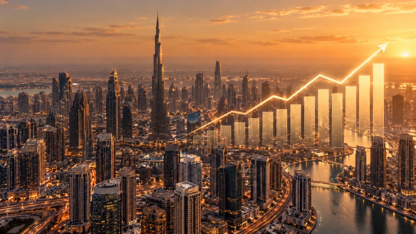 Sunset Dubai skyline with rising chart