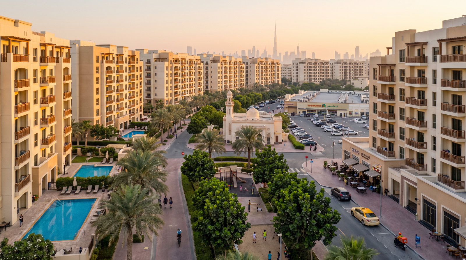 Aerial view of a mid-market Dubai apartment community at golden hour with mid-rise residential buildings and the distant Downtown Dubai skyline — a 2026 UK investor guide to budget areas.
