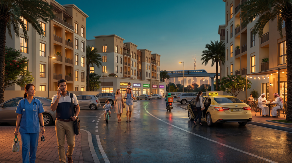 Best Areas to Buy in Dubai Under AED 1m and AED 2m (2026 Guide with £ Prices and Yields) 2 Early-evening street scene in a mid-market Dubai apartment community with diverse residents, local shops, and the distant Downtown skyline — the real tenant base behind Dubai rental yields.