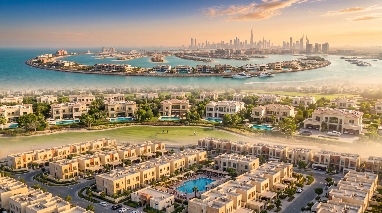 Home 7 Aerial view of three Dubai villa community tiers at golden hour — entry-level townhouses in the foreground, mid-tier family villas in the middle distance, and Palm Jumeirah ultra-luxury beachfront villas with Downtown Dubai skyline in the far background.