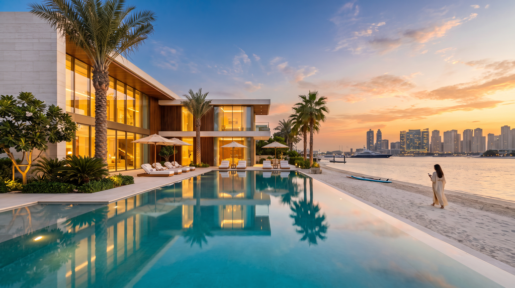 Dubai Villa Prices in US Dollars: October 2026 Guide by Community 2 Ultra-luxury Palm Jumeirah beachfront villa at sunset with private infinity pool, white sand beach, and the Dubai Marina skyline across the Gulf — the $12M+ tier.