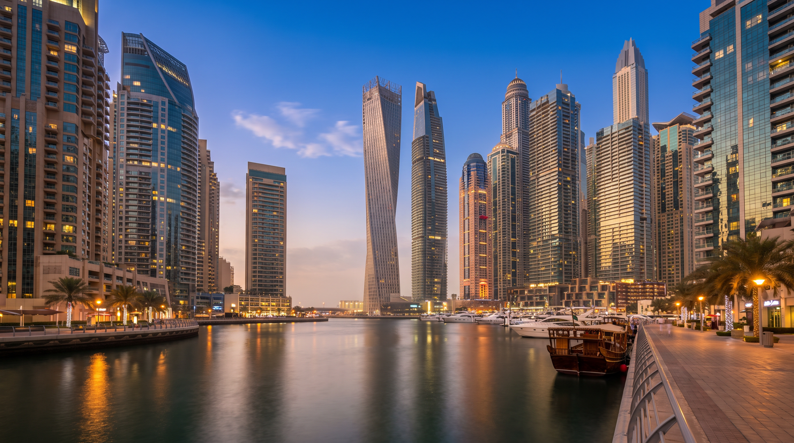 Dubai Marina apartment towers at dusk, where median asking rents fell about 16% in 2026