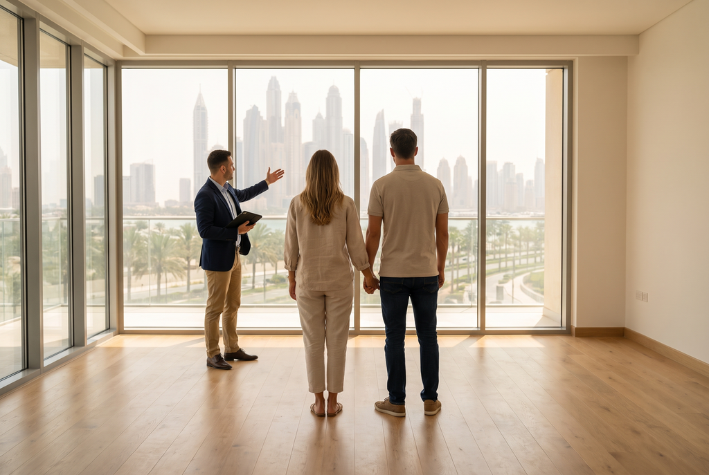 Is Your Dubai Rent Fair? How to Check It Properly in 2026 1 Tenants viewing an empty apartment in Dubai as rents fall and renters gain more choice