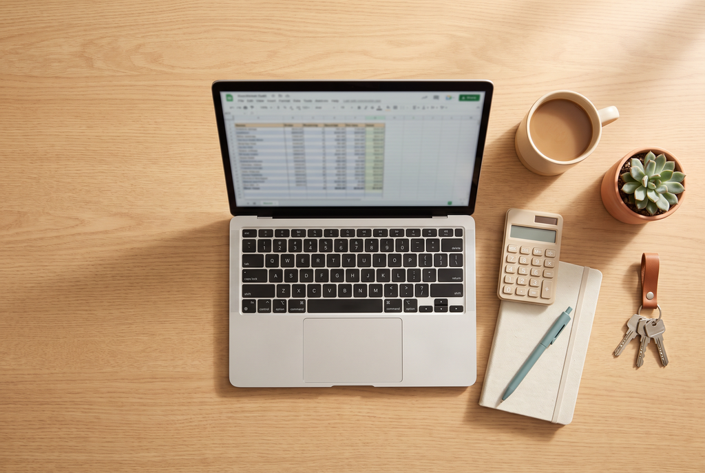 Is Your Dubai Rent Fair? How to Check It Properly in 2026 2 Desk with laptop, calculator and apartment keys for planning a Dubai rent budget